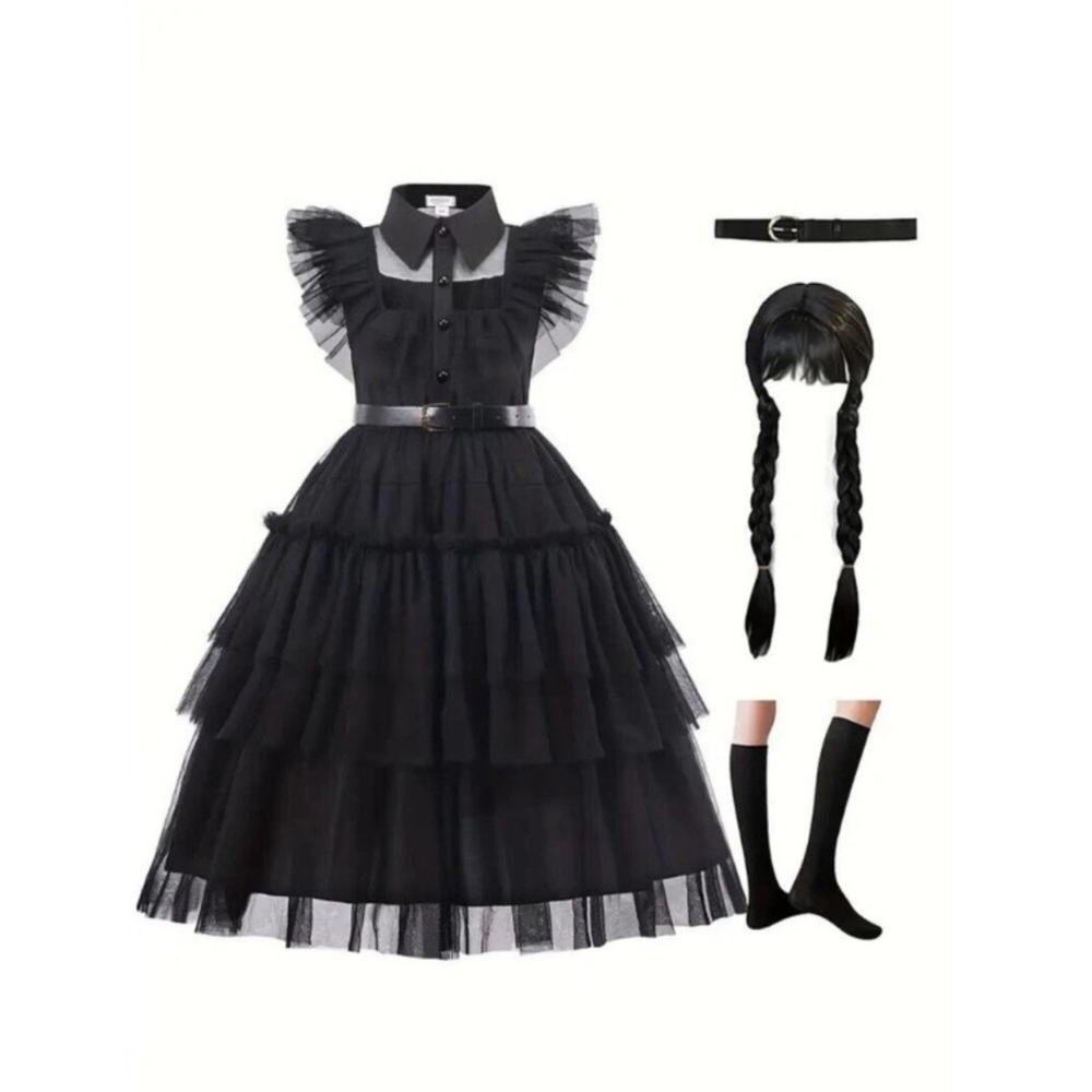 New Deluxe Dress Up Costume for Wednesday Addams Girls Halloween